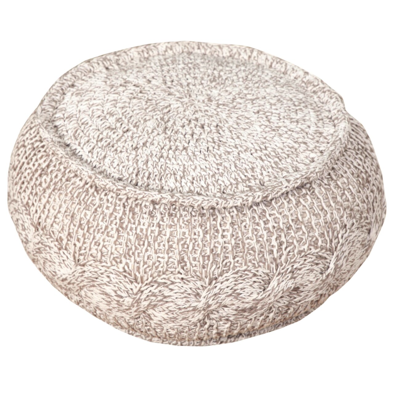 Laddha Home Designs 20" Tan and Gray Hand Knotted Round Pouf Ottoman